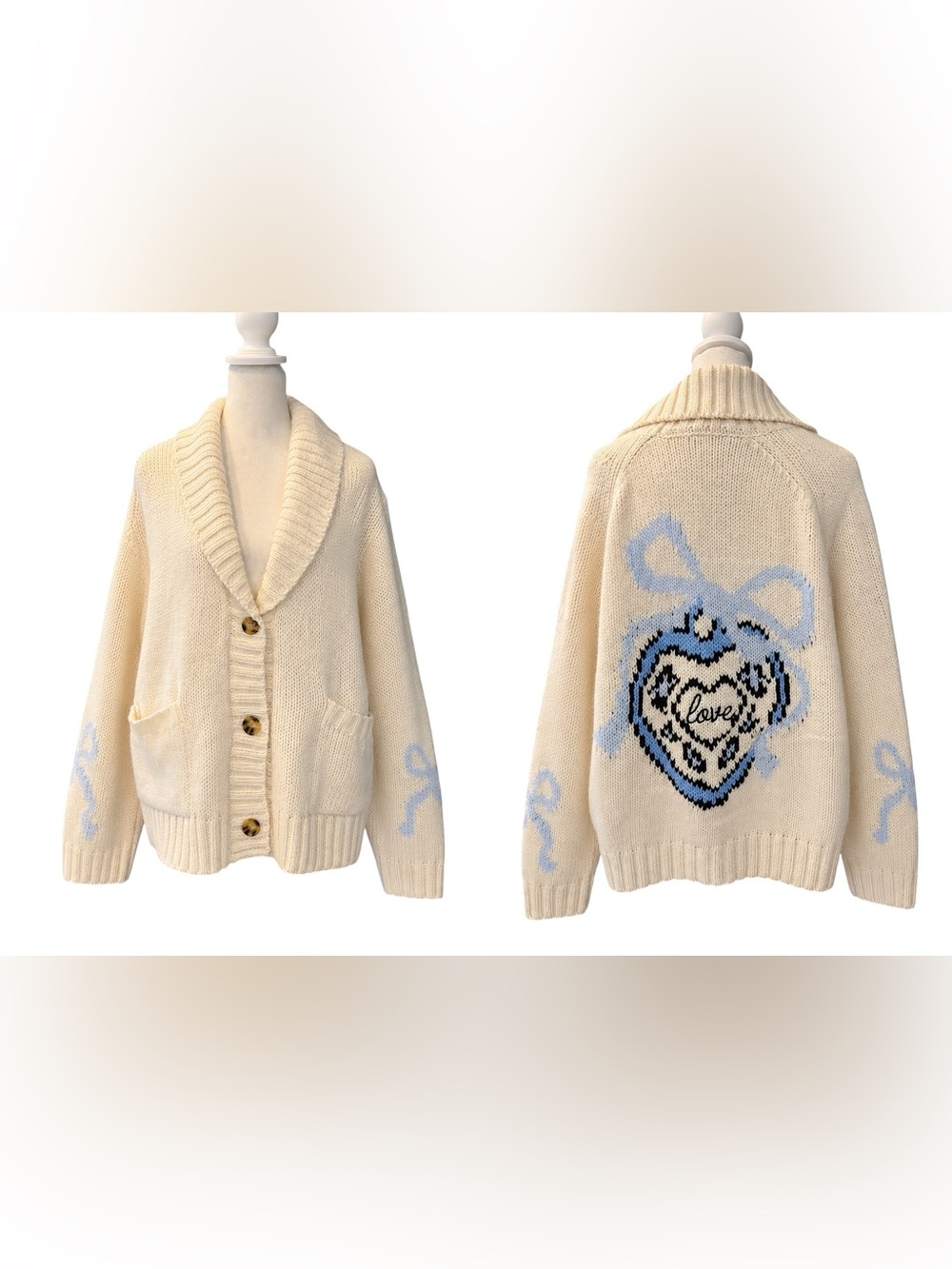 Arizona Jean Co Cream Chunky Knit Love Heart Bows Cardigan Sweater Medium NWT